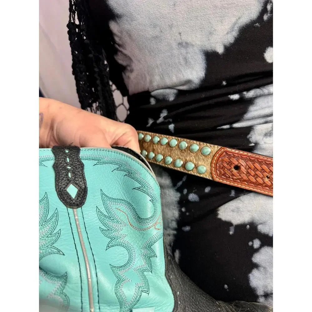 Vintage Hand Tooled Western Belt Turquoise Y2K Cowgirl Grunge Genuine Leather 38